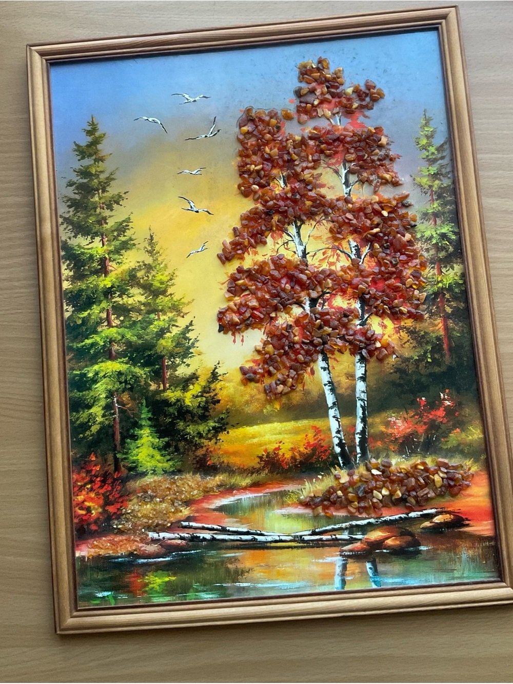 Framed Autumn Birch Landscape Wall Art with Amber Leaf Accents